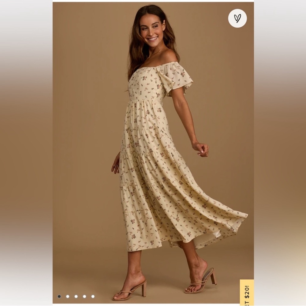 Lulus Floral Off-Shoulder Cream Dress